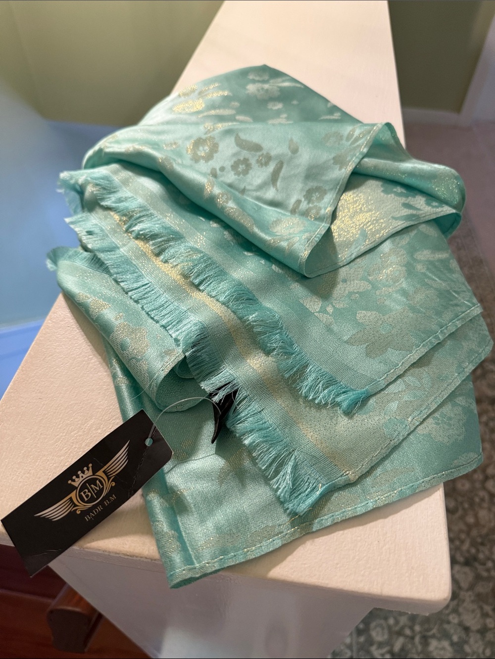 Aqua Floral Jacquard Scarf with Fringe